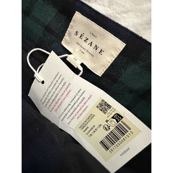 NWT Sezane Navy Green Tartan Plaid Damon Wool Trousers Wide Leg Size 38 US 6 - Picture 4 of 9